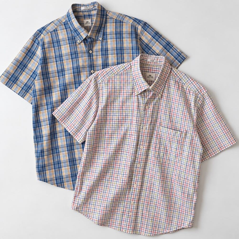 Peter Millar Sport Shirt Lot of 2 Preppy Plaid 100% Cotton Short Sleeve Sz M